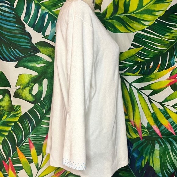 Vintage Victoria Jones 1X 90s White Winter Lightweight Beaded V Neck Sweater - Picture 8 of 9